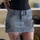 High-waist Floral Print Mini Pencil Denim Skirt