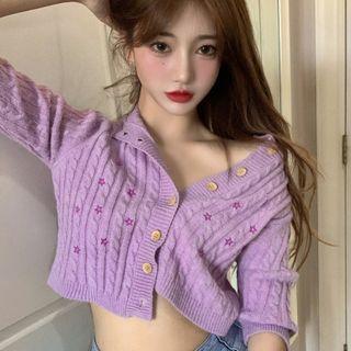 Star Embroidered Short-sleeve Cable Knit Cardigan