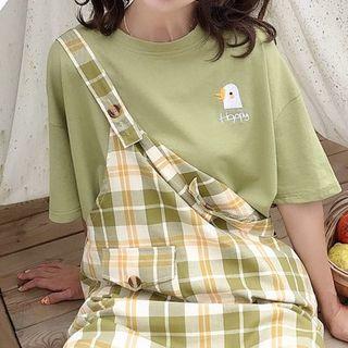 Short-sleeve Embroidered T-shirt / Plaid Jumper Dress