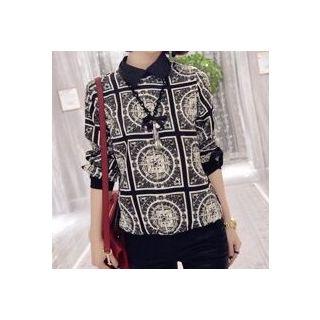 Print Long-sleeve Collared Top