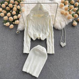 Set Of 2 : Linen Flower Hooded Long-sleeve Cropped Sweater + High-waist Knit Skirt