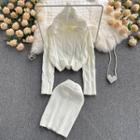 Set Of 2 : Linen Flower Hooded Long-sleeve Cropped Sweater + High-waist Knit Skirt