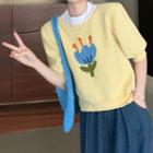 Short-sleeve Flower Jacquard Knit Top Yellow - One Size