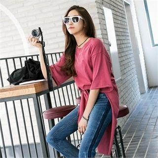 Elbow-sleeve Asymmetric-hem T-shirt
