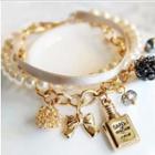 Faux Pearl Rhinestone Ribbon Layered Bracelet Gold - One Size
