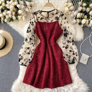 Set : Sheer Mesh Flower Top + Sequin Spaghetti-strap Dress