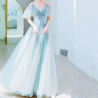 Flower Detail Cold Shoulder A-line Evening Gown