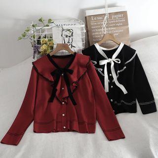 Ruffle Trim Bow-accent Button Knit Top