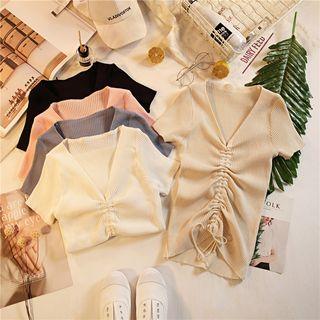 Short-sleeve Drawstring Ribbed Knit Top