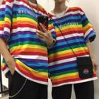 Elbow-sleeve Striped Embroidered Letter T-shirt As Shown In Figure - One Size