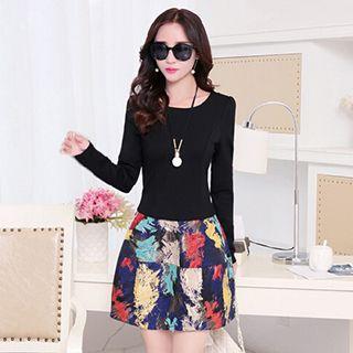 Printed-panel Long-sleeve Dress