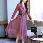 Set: Plain Blazer + Mesh Midi Skirt + Belt