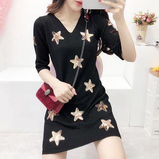 Sequined Star V-neck Knit Dress