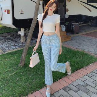 Gingham Cropped Straight Leg Pants / Short-sleeve Cropped T-shirt