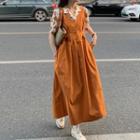 Short-sleeve Flower Printed Shirt / Plain Jumper Dress