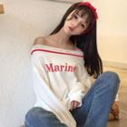 Off-shoulder Long-sleeved Lettering Loose-fit Sheath Sweatshirt