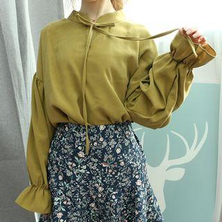 Ribbon-neck Balloon-sleeve Top