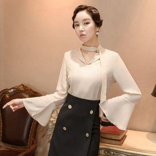 Set: Plain Chiffon Blouse + Double Breasted A-line Skirt