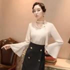 Set: Plain Chiffon Blouse + Double Breasted A-line Skirt