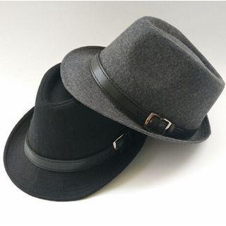 Faux-leather Belted Woolen Fedora Hat