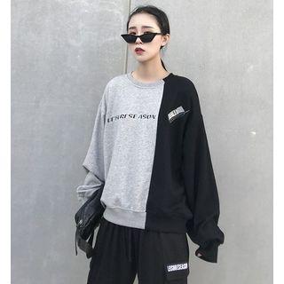 Lightweight Loose-fit Colorblock Embroidered Pullover Gray - One Size