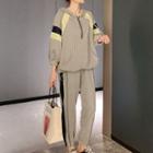 Set: 3/4-sleeve Striped Trim Zip Hoodie + Sweatpants