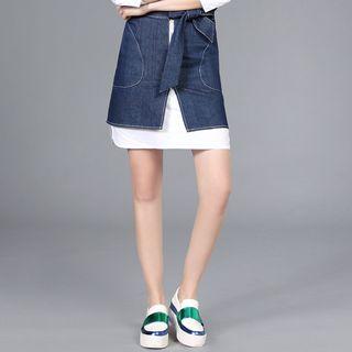 Front Zip Bow Accent Denim Skirt