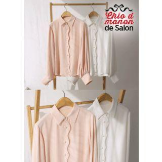 Faux-pearl Button Scalloped Crepe Blouse