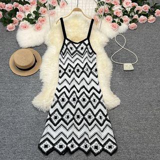 Spaghetti Strap Argyle Knit Midi A-line Dress