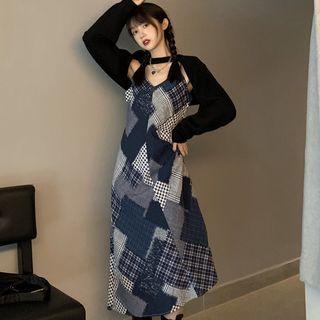 Spaghetti Strap V-neck Patterned Midi Dress / Long-sleeve Shrug