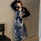 Spaghetti Strap V-neck Patterned Midi Dress / Long-sleeve Shrug