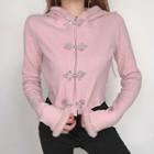 Cropped Fluffy Trim Frog-buttoned Hooded Jacket