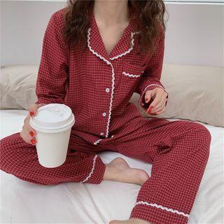 Set:color-block Plaid Long-sleeve Top + High-waist Pants As Shown In Figure - One Size