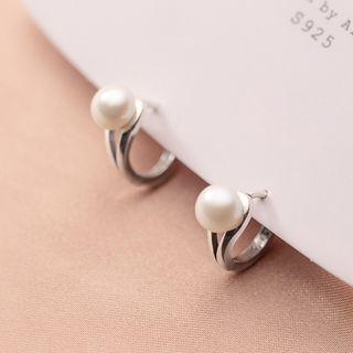 Faux Pearl Hoop Drop Earring 1 Pair - Silver & White - One Size