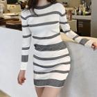 Striped Long-sleeve Knit Slim-fit Dress