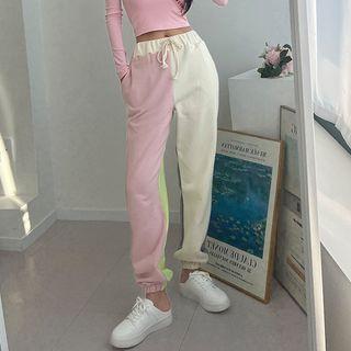Drawstring Color-block Jogger Pants Cream - One Size