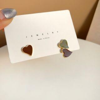Sterling Silver Asymmetrical Heart Stud Earring 1 Pair - Brown & Green - One Size