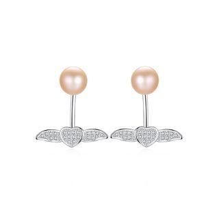 Sterling Silver Fashion Simple Heart Shaped Wings Pink Freshwater Pearl Earrings With Cubic Zirconia Silver - One Size