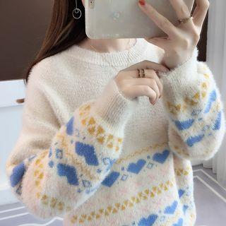 Heart Patterned Long-sleeve Knit Sweater