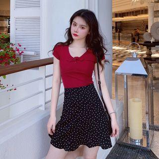 Short-sleeve Bow Accent Top / Mini A-line Skirt