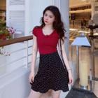 Short-sleeve Bow Accent Top / Mini A-line Skirt