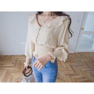 Half-placket Ruffle-trim Smocked Blouse