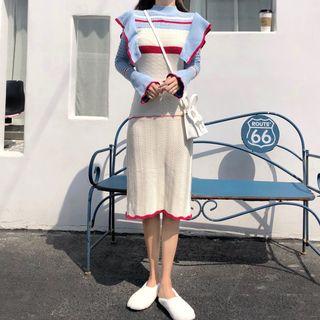 Color-block Ruffle Long-sleeve Slim-fit Dress