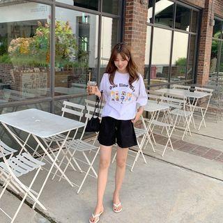 Drawstring-waist Wide-leg Shorts Black - One Size