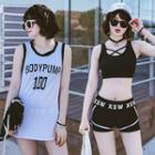 Set: Cross Strap Tankini + Lettering T-shirt