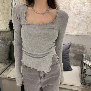 Long-sleeve Lettuce Trim Slit Knit Top