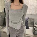 Long-sleeve Lettuce Trim Slit Knit Top