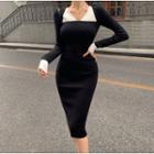 Long-sleeve Contrast Trim Midi Bodycon Dress Black - One Size