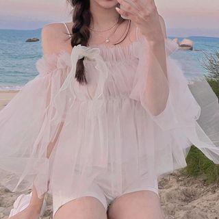 Cold-shoulder Mesh Blouse White - One Size