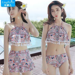 Set: Crochet Short-sleeve Top / Tasseled Halter Bikini + Swim Skirt